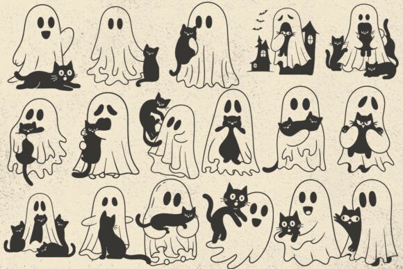 Ghost and Black Cat SVG for Halloween Embroidery